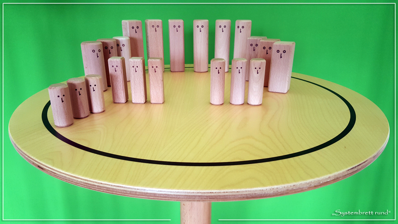 www.systembrett.at &middot; Systembrett-Artikel &middot; &bdquo;Systembrett rund&rdquo; mit einem Durchmesser von 50 Zentimeter inklusive 24 unbehandelten Holzfiguren aus massiver Buche