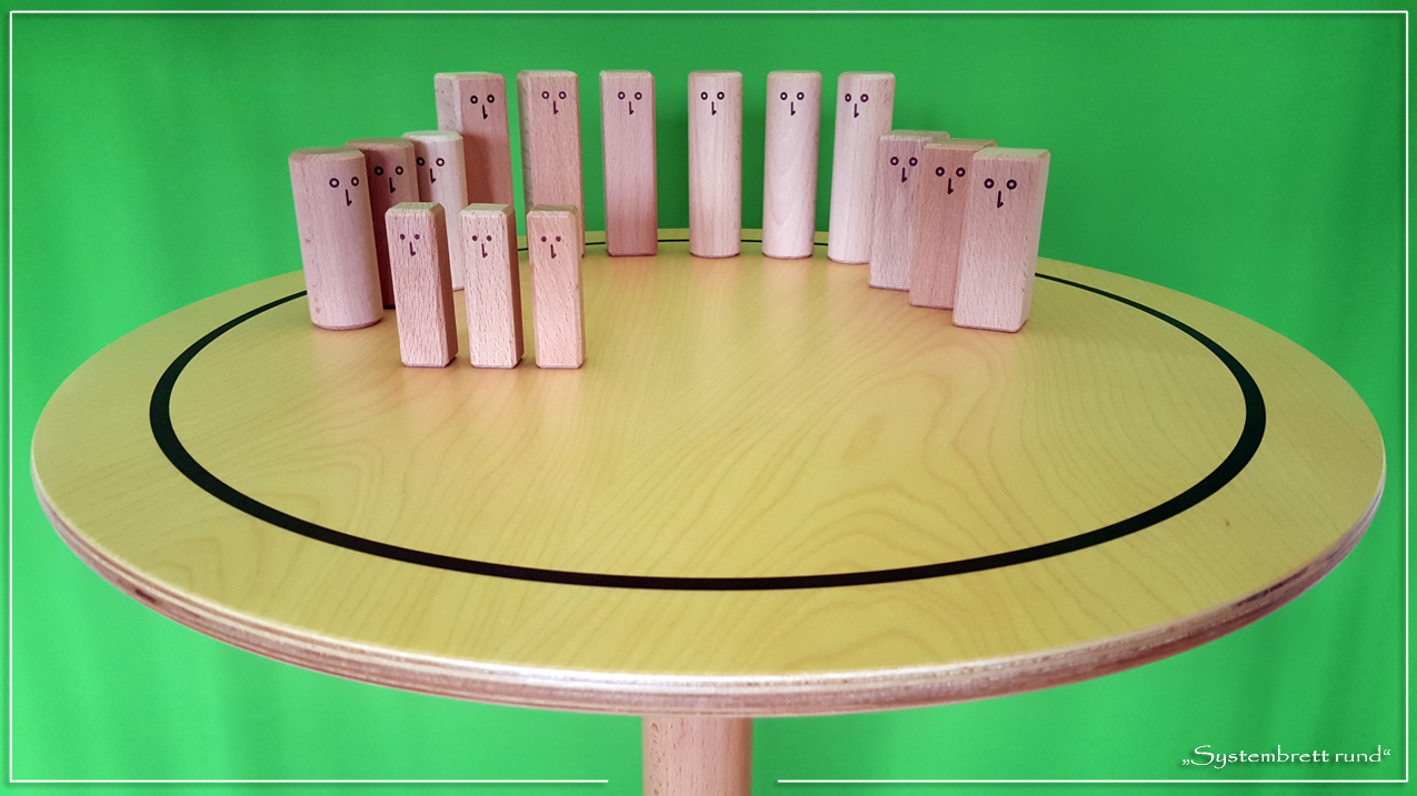 www.systembrett.at &middot; Systembrett-Artikel &middot; &bdquo;Systembrett rund&rdquo; mit einem Durchmesser von 50 Zentimeter inklusive 24 unbehandelten Holzfiguren aus massiver Buche