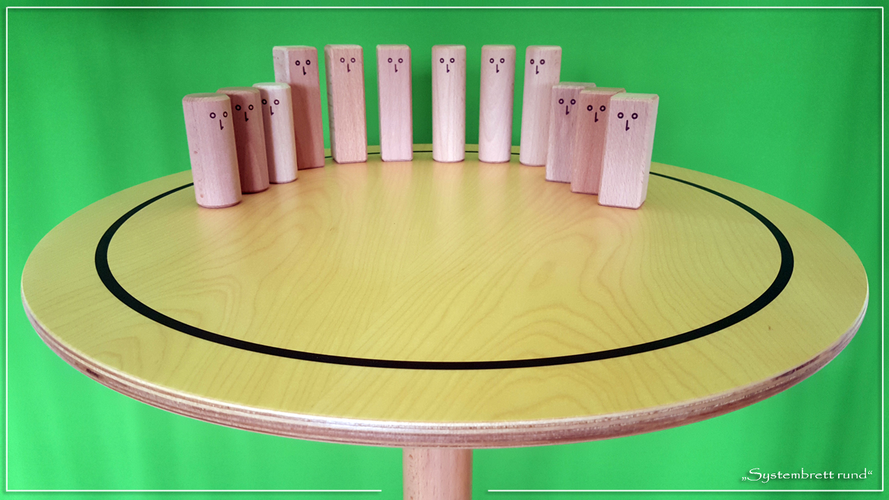 www.systembrett.at &middot; Systembrett-Artikel &middot; &bdquo;Systembrett rund&rdquo; mit einem Durchmesser von 50 Zentimeter inklusive 24 unbehandelten Holzfiguren aus massiver Buche