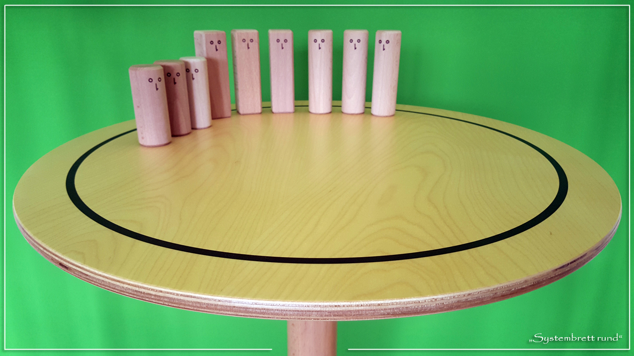 www.systembrett.at &middot; Systembrett-Artikel &middot; &bdquo;Systembrett rund&rdquo; mit einem Durchmesser von 50 Zentimeter inklusive 24 unbehandelten Holzfiguren aus massiver Buche