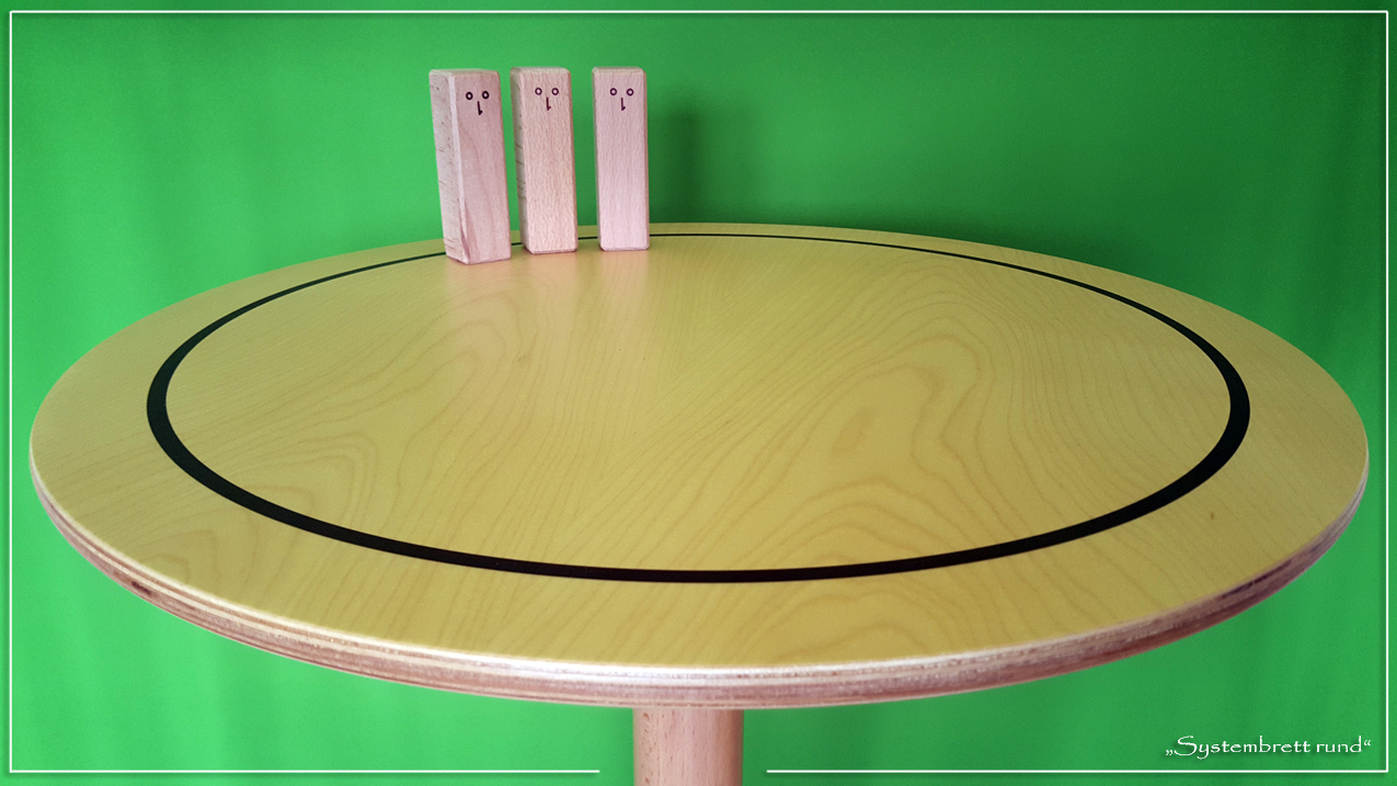 www.systembrett.at &middot; Systembrett-Artikel &middot; &bdquo;Systembrett rund&rdquo; mit einem Durchmesser von 50 Zentimeter inklusive 24 unbehandelten Holzfiguren aus massiver Buche
